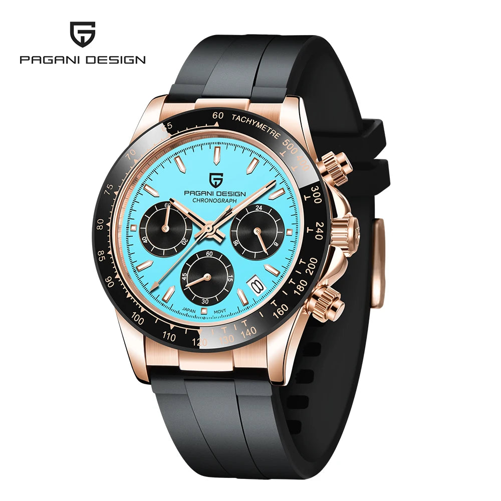 PAGANI DESIGN Men Quartz Chronograph Watch RoseGold Case Black Ceramic Bezel Brown Dial Rubber Strap Waterproof Sports watch+box