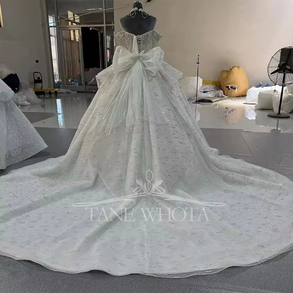Robe De Marie Off Shoulder Tassel Sweetheart Beading Crystal Ball Gown Lace Elegant Wedding Dress