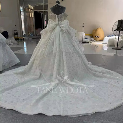 Robe De Marie Off Shoulder Tassel Sweetheart Beading Crystal Ball Gown Lace Elegant Wedding Dress