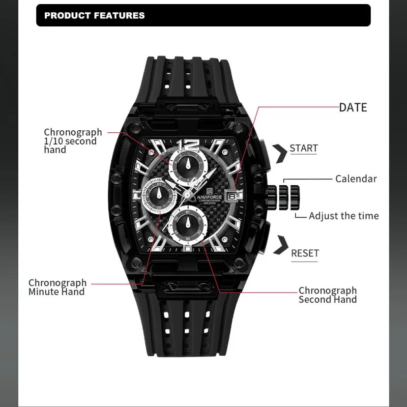 NAVIFORCE Man's Watch 5ATM Waterproof Quartz Chronograph Silicone Strap Stylish Students Sports Male Luxury Wristwatch Gifts Box
