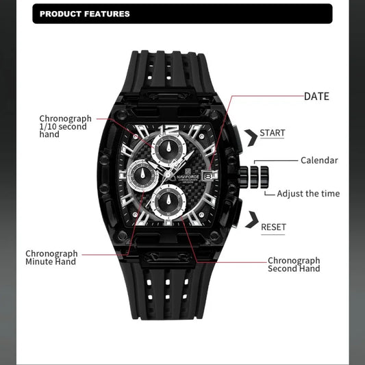 NAVIFORCE Man's Watch 5ATM Waterproof Quartz Chronograph Silicone Strap Stylish Students Sports Male Luxury Wristwatch Gifts Box