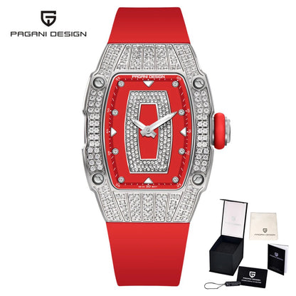 PAGANI DESIGN Top Luxury Diamond encrusted Women's Watch Fashion RubberWaterproof LuminousWine Bucket Case Women'sWatch+Gift Box