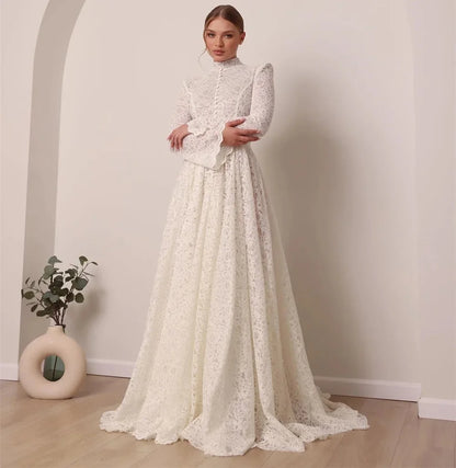 Allure Bridals Wedding Dress Lace High Neck Long Sleeves A-Line Floor-Length Bridal Dress Vestidos de novia Arab Robes de mariée