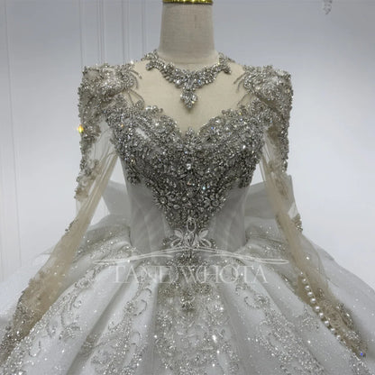 Luxury Wedding Dress With Long Sleeves Crystal Sequined Bow Keyhole Back O-Neck Lace-Up Ball Gown For Women