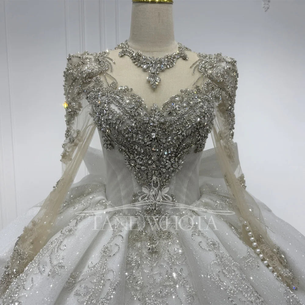Luxury Wedding Dress With Long Sleeves Crystal Sequined Bow Keyhole Back O-Neck Lace-Up Ball Gown For Women