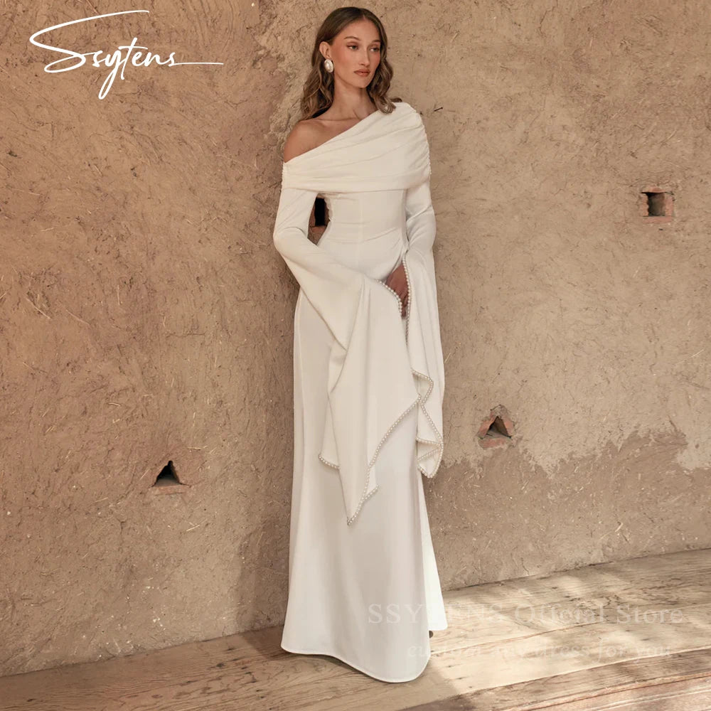 SSYTENS Modest Ivory Wedding Dresses Long Sleeves Formal Prom Gowns One Shoulder Pearls Elegant Wedding Party Dresses Customized