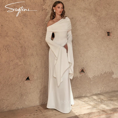 SSYTENS Modest Ivory Wedding Dresses Long Sleeves Formal Prom Gowns One Shoulder Pearls Elegant Wedding Party Dresses Customized