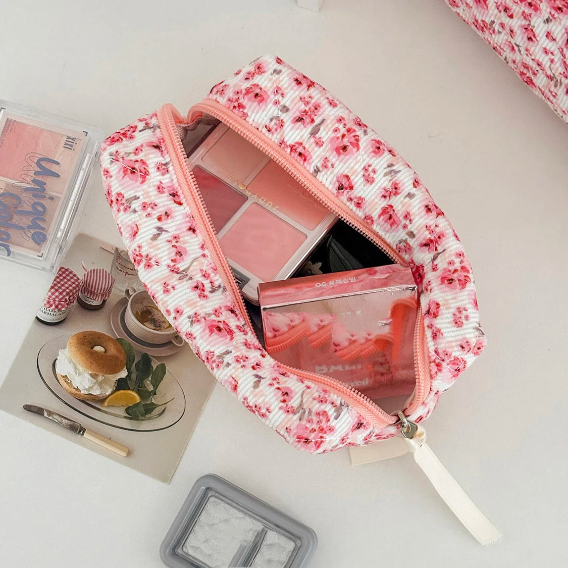 Fashion Pink Flower Women's Clutch Bag Sets Toiletry Makeup Tool Storage Pouch Quilting Cosmetics Organizers Handbag for Travel
