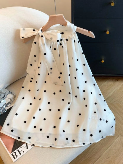 Summer Polka Dot  Knot Tie Neck Sleeveless Vest Women's Fashionable Ageless Slimming Top Polyester Fiber Gown