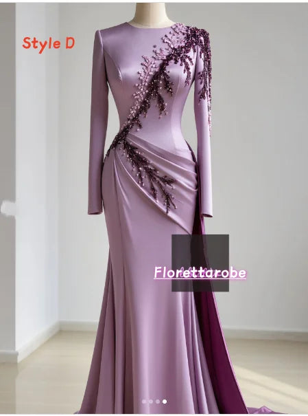 Florettarobe Exquisite Purple Satin Sequined Appliques Pleat  High Collar Long Midi Dress Bespoke Occasion 4 styles Customized