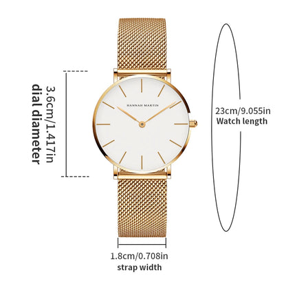 Women's Watch Hannah Martin Brand Stainless Steel Mesh Strap 36mm Silver Minimalist Dial Japanese Quartz Movement 6.9mm Slim Clock 3Bar Life Waterproof Local Fast Shipping Women Watch