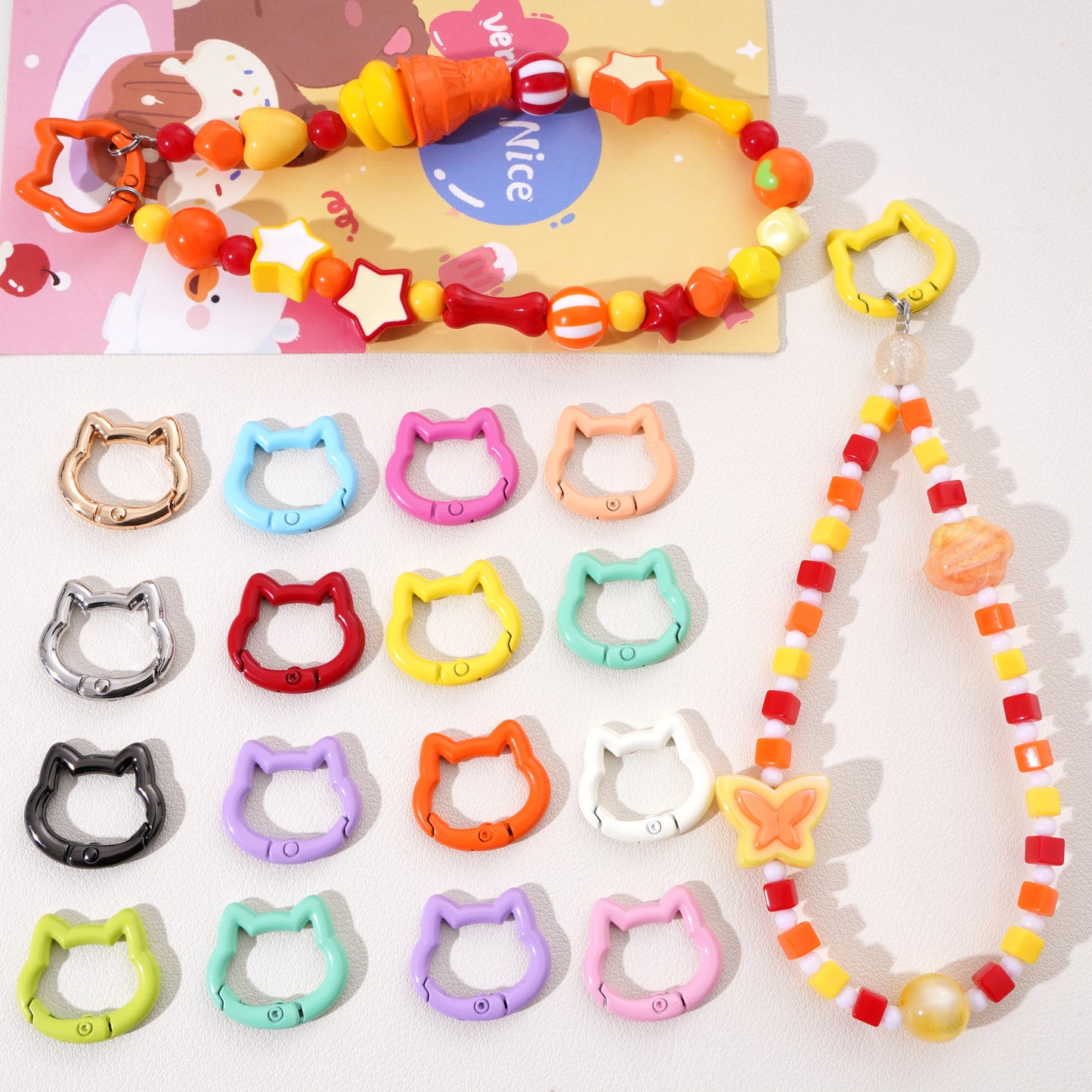 1pc/bag Alloy Spring Clasps Colorful Cute Cat Shape Spring Ring Carabiner Clips For DIY Keyring Lanyard Keychain Making Findings