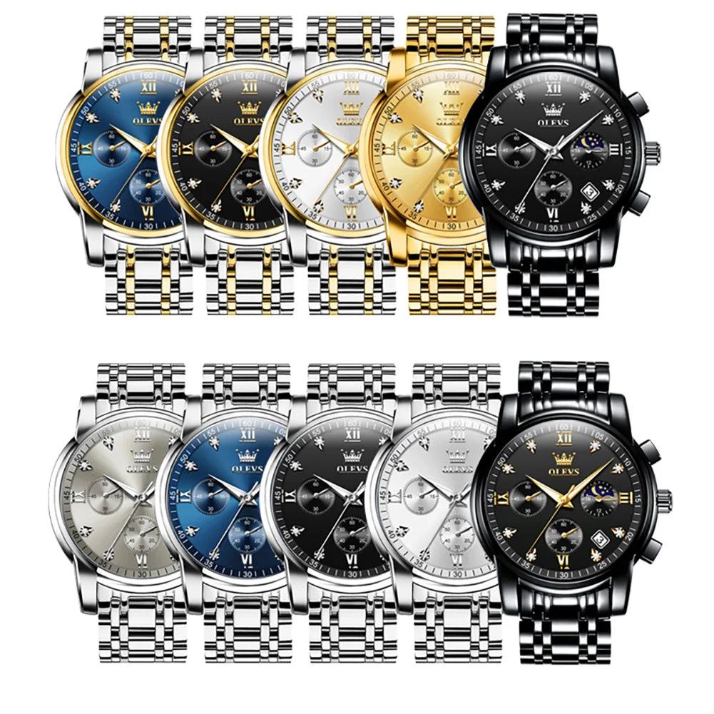 OLEVS Popular men's watches stainless steel black Moon Phase Chronograph quartz watch for man date Original brand wristwatch