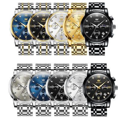 OLEVS Popular men's watches stainless steel black Moon Phase Chronograph quartz watch for man date Original brand wristwatch