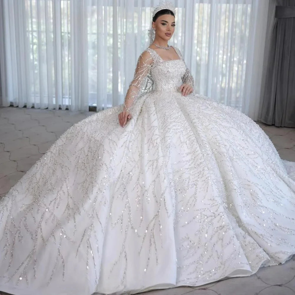Gorgeous Square Collar Sparkling Princess Wedding Dress Long Sleeve Pearl Bride Dress Elegant Ball Party Dress Customized