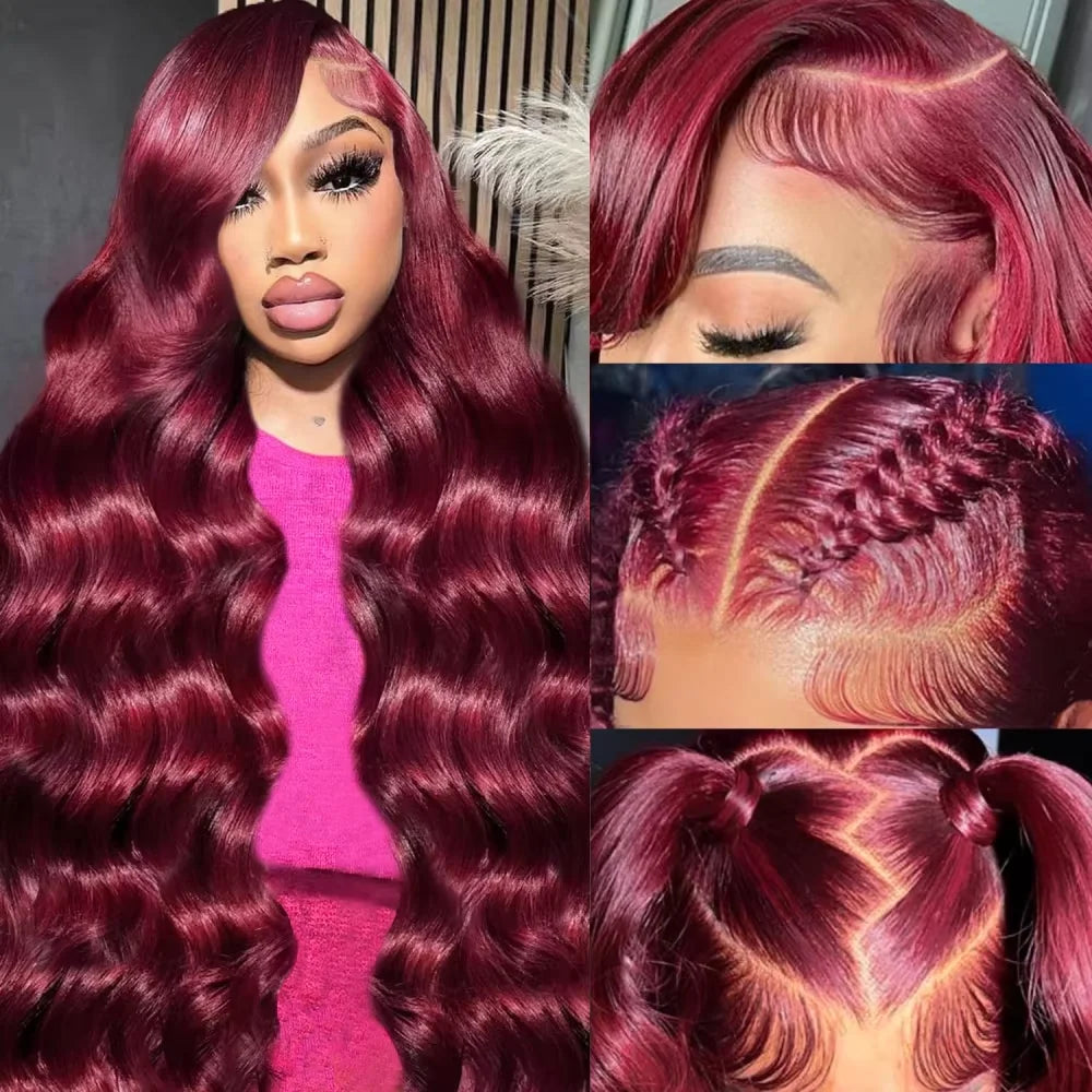 99J Dark Burgundy Colored Body Wave With Bangs Human Hair Wig 13x6 Lace Frontal Wig 13X6 Red Lace Front Human Hair Wigs 13X4 Burgundy 99J Lace Front Wigs Pre Plucked Black Women