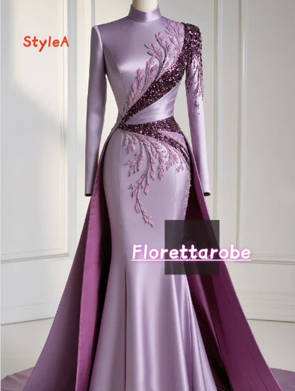 Florettarobe Exquisite Purple Satin Sequined Appliques Pleat  High Collar Long Midi Dress Bespoke Occasion 4 styles Customized