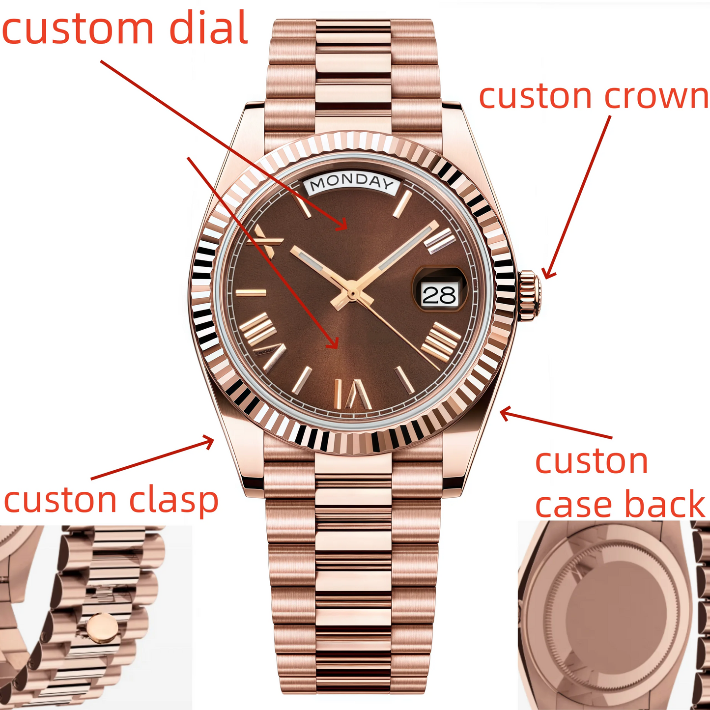 Custom Logo Clock Men's Luxury Rose Gold Mechanical Wristwatch Week Date Calendar MIYOTA 8285 Movement Waterproof Watch For Men