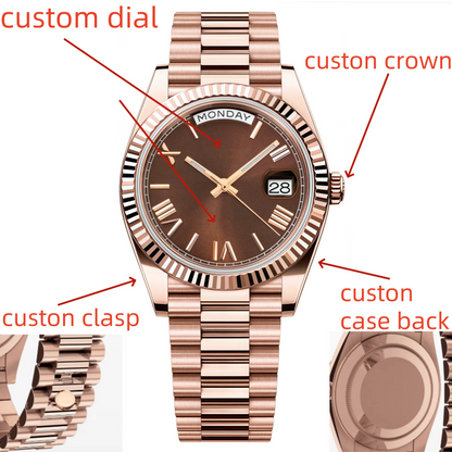 Custom Logo Clock Men's Luxury Rose Gold Mechanical Wristwatch Week Date Calendar MIYOTA 8285 Movement Waterproof Watch For Men