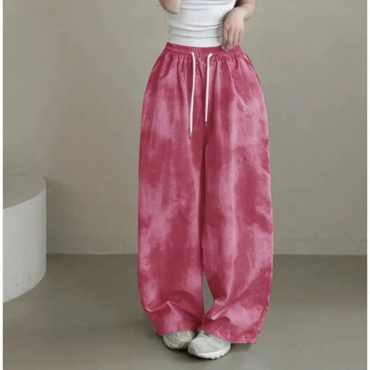 2026 Korean Version Pants Women's Tie-dye Loose Fashion Casual Drawstring Large Size Camouflage Printing Wide-leg Floor Pants