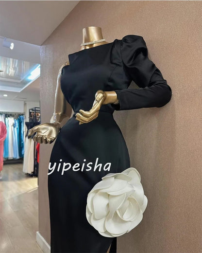 Customized Satin Handmade Flower Engagement A-line One-shoulder Bespoke Occasion Gown Long Dresses