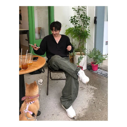 Men Henley Neck Long Sleeve T Shirt Loose Fit Casual Wfle Knit Top