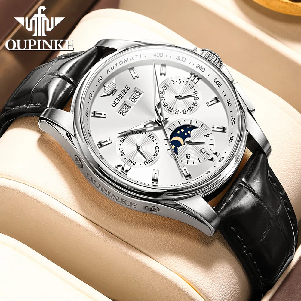 OUPINKE Men's Watches Casual Trend Leather Strap Original Automatic Mechanical Watch for Man Waterproof Moon Phase Calendar New