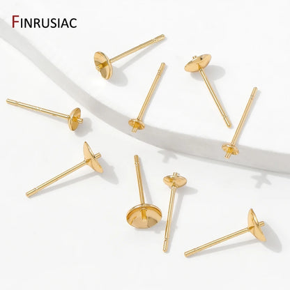 14K Gold Plated Brass Earring Stud Base Blank Post Ear Studs Tray Earplug For Pearl DIY Earring Making Accessories