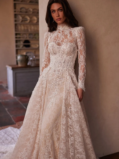 Customized Elegant Lace Long Sleeve Mermaid Wedding Dress Detachable Train Luxury High Collar Beaded Wedding Bride Dress