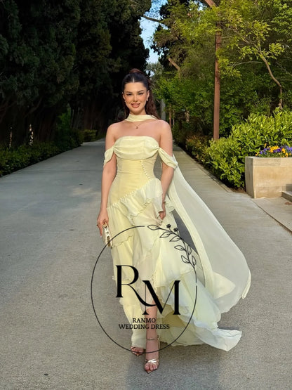 Ranmo Prom Gown Yellow Strapless 2026 A Line Ruffled Party Gown Chiffon Floor Length Evening Dress Vestidos De Gala Customized
