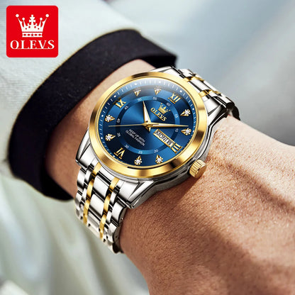 OLEVS Brand Fashion men's watches stainless steel waterproof Quartz wristwatch luminous Original watch for man Dual Calendar