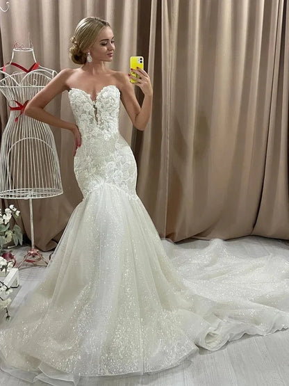 Shiny Sweetheart Mermaid Wedding Dresses for Women Strapless  Appliques Glitter Train Bridal Gown Vestido De Novia Customized
