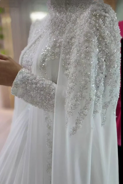 Muslim Long Sleeve Wedding Dress Elegant High Collar Beaded Chiffon A-line Bride Dress Arab Women's Wedding Dress Customized