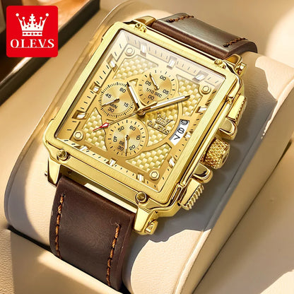 OLEVS brand mens watches waterproof Leather strap chronograph quartz watch for man date gold square dial genuine male wristwatch