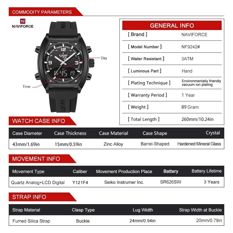 NAVIFORCE Men Dual Display Watch 3ATM Waterproof Luminous Silicone Strap Sport Casual Wristwatch Gifts box