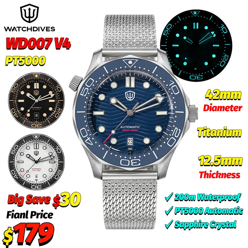 Watchdives WD007 V4 Automatic Dive Watch 200M Waterproof PT5000 Movement Titanium Case Sapphire Crystal Mens Watch With Gift