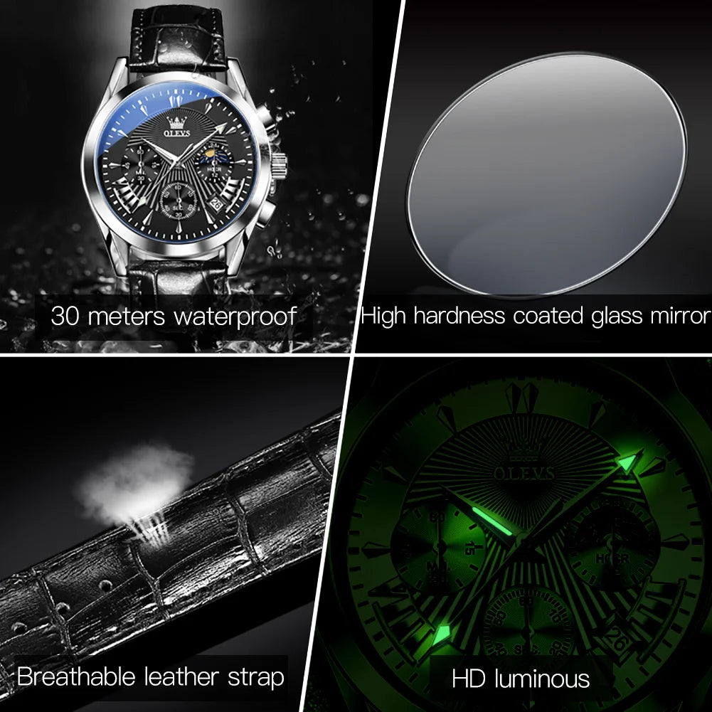 OLEVS casual fashion men's watches Moon Phase Chronograph waterproof man wristwatch Leather strap trend genuine watch for man