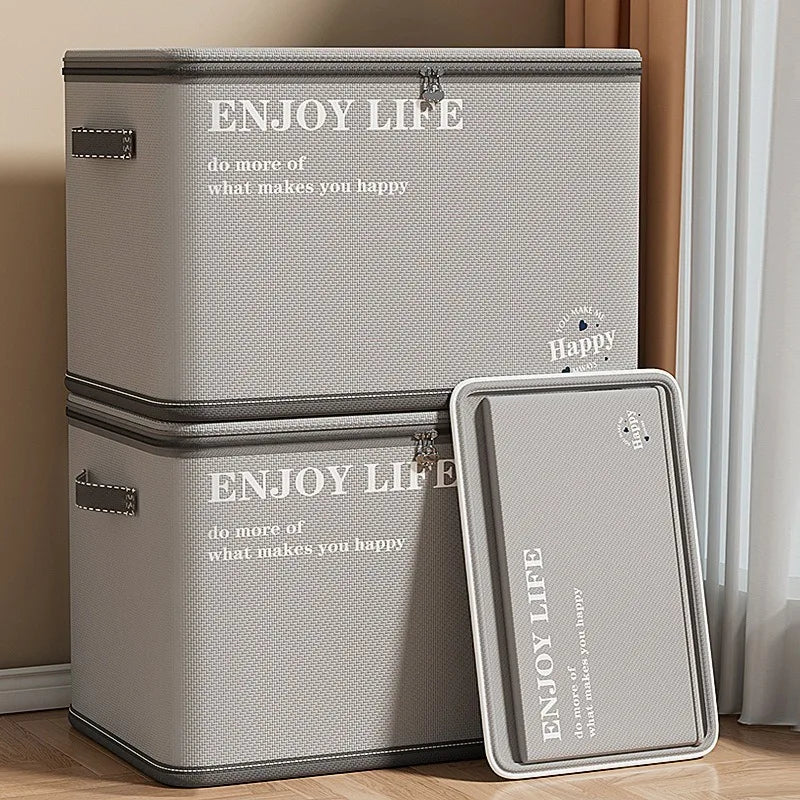 Heavy Duty Non Woven Closet Organizer Foldable Open Top Storage Bins With Faux Leather Handles For Winter Blankets And Toys Gray