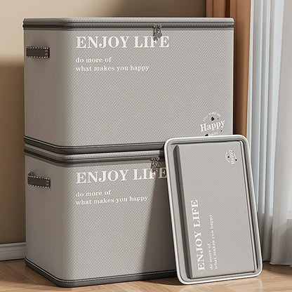 Heavy Duty Non Woven Closet Organizer Foldable Open Top Storage Bins With Faux Leather Handles For Winter Blankets And Toys Gray