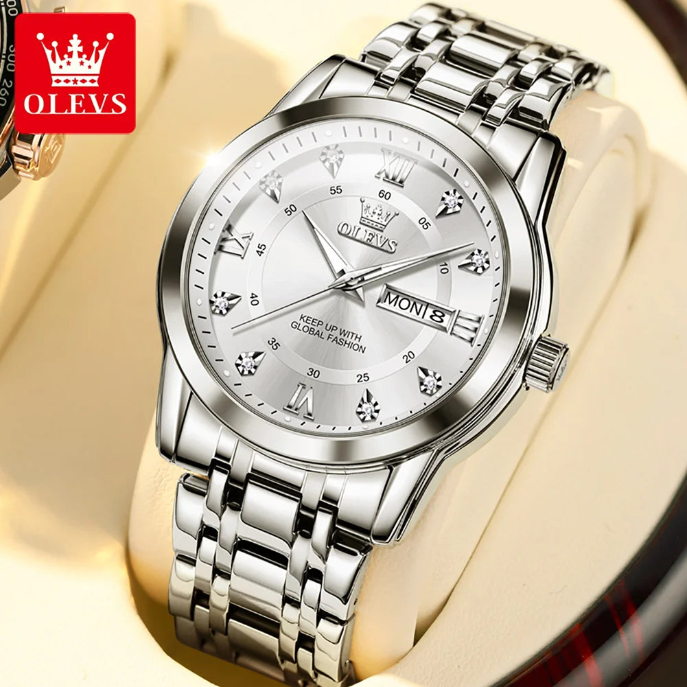 OLEVS Brand Fashion men's watches stainless steel waterproof Quartz wristwatch luminous Original watch for man Dual Calendar