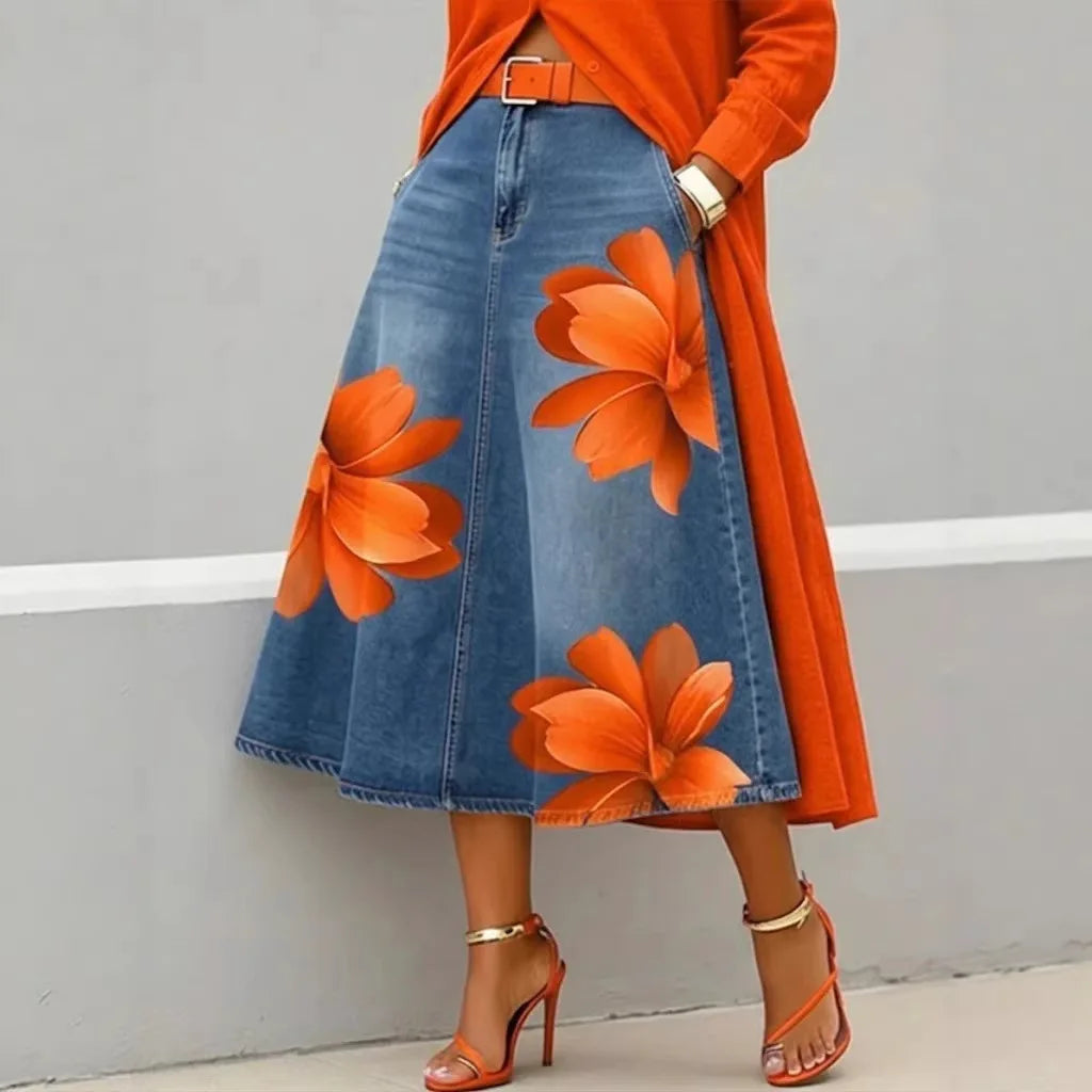 Denim Skirts Women Mid Length Skirt A Line Floral Print Pockets Elegant Splice Y2k Streetwear Work Beach Casual Washed Summer