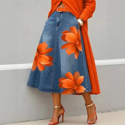 Denim Skirts Women Mid Length Skirt A Line Floral Print Pockets Elegant Splice Y2k Streetwear Work Beach Casual Washed Summer