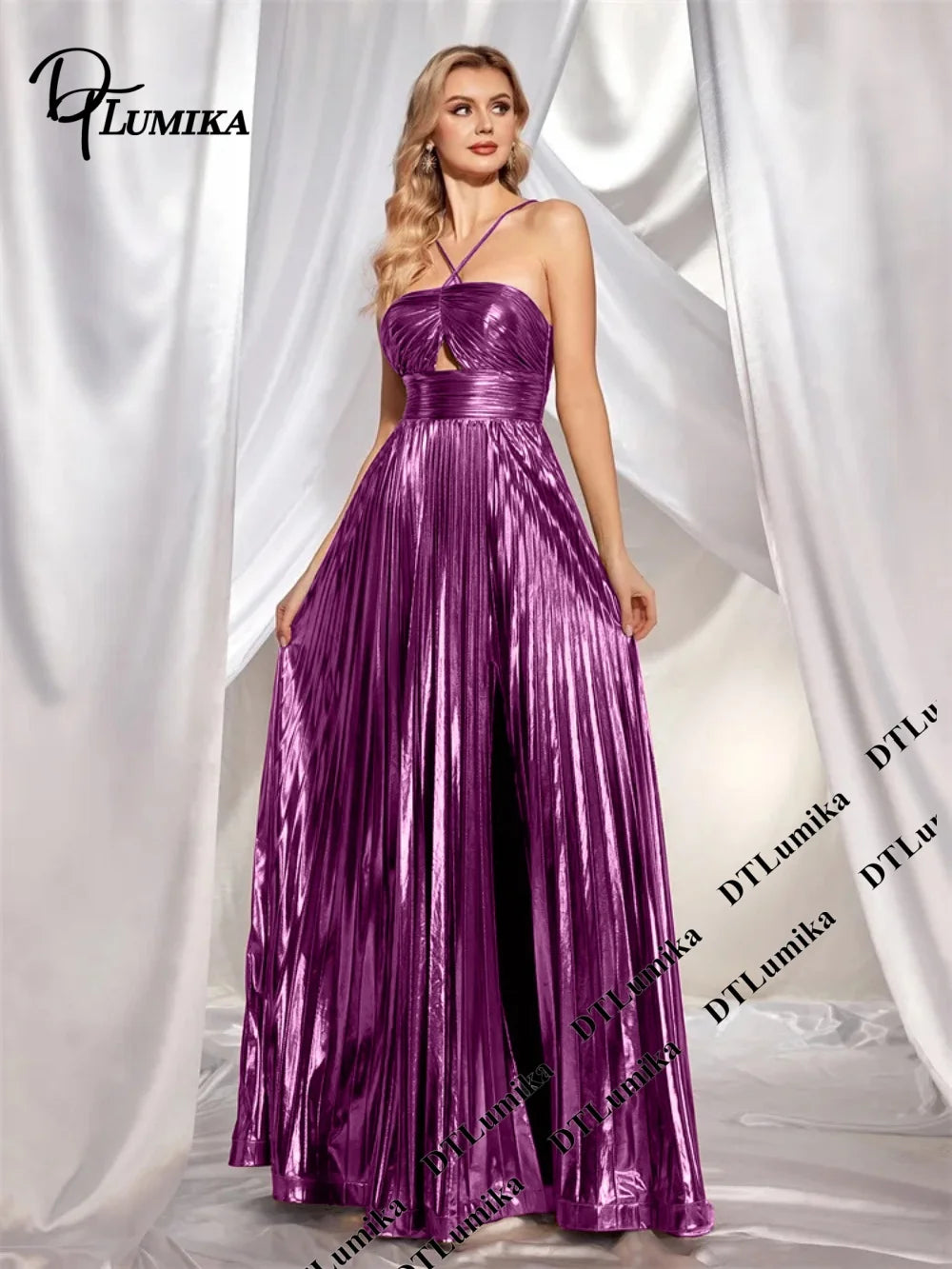 DTLumika Metallic Gold Pleated Maxi Party Gown with Brilliant Reflective Finish Long Evening Dresses Halter Cocktail Dinner Gown