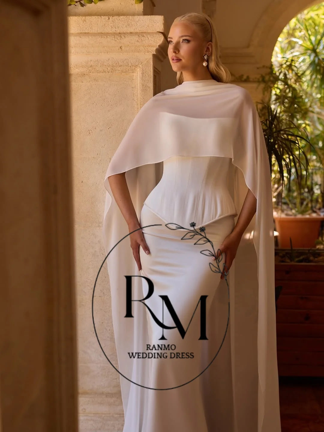 Ranmo White Strapless Mermaid Wedding Dress Sleeveless Satin Vestidos Mujer Detachable Cloak Backless Wedding Gown Customized