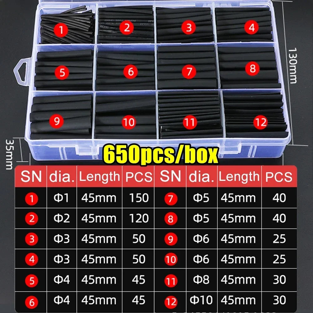 127/165/328/560/650/800pcs Heat Shrink Tubing kit 2:1 Shrinkable Wire Shrinking Wrap Wire Connect Cover Cable Repair Protection