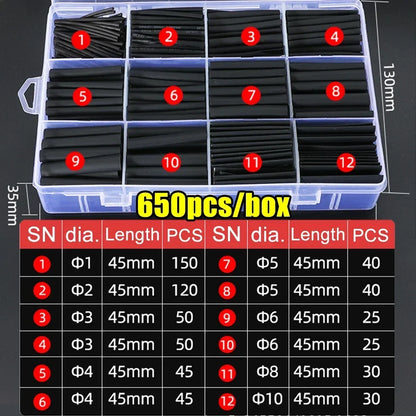 127/165/328/560/650/800pcs Heat Shrink Tubing kit 2:1 Shrinkable Wire Shrinking Wrap Wire Connect Cover Cable Repair Protection