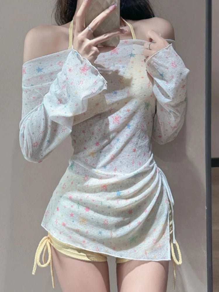 2026 Summer Women's Long Sleeve Bikini Set Korean Fashion Sweet Girl Swimsuit Slimming Beach Bathing Suit with Mesh Cover Up