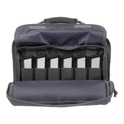 Rollins Double Handgun Case for outdoor shooting and transport, durable nylon fabric, gray color, water-resistant with padded i