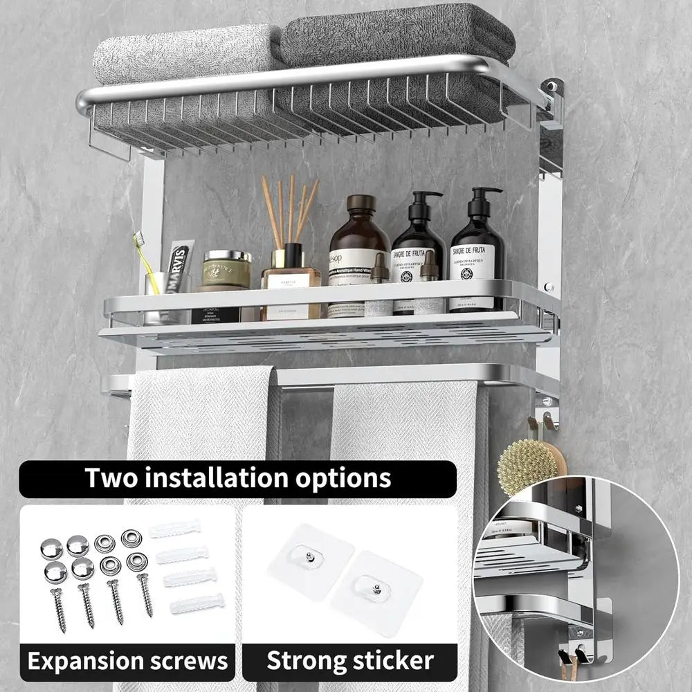 23.22 Inch Wall-Mounted Stainless Steel Towel Bar with Shower Shelves, No Drilling Required (Silver)