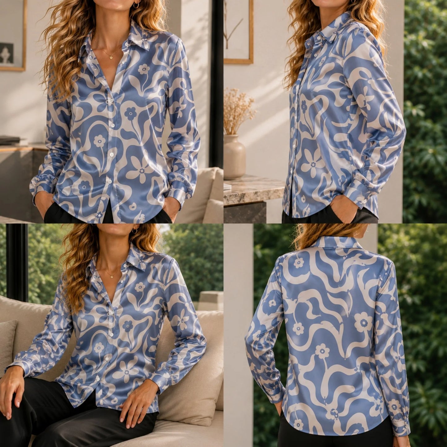 Women Green Satin Blouse White Floral Print Long Sleeve Button Down Shirt Elegant Spring Autumn Office Lady Top Casual Wear New